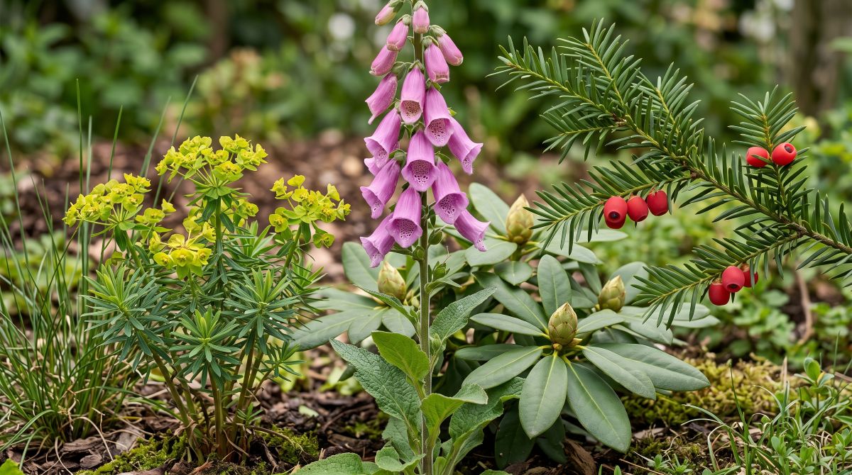 Detailnejšia botanická fotografia niekoľkých typických rizikových rastlín v jednej kompozícii – náprstník v kvete, vetvička tisu s červenými mieškami, list rododendronu a mliečnik s viditeľnou štruktúrou stoniek. Nie katalóg na bielom pozadí, ale prirodzená záhradná scéna.