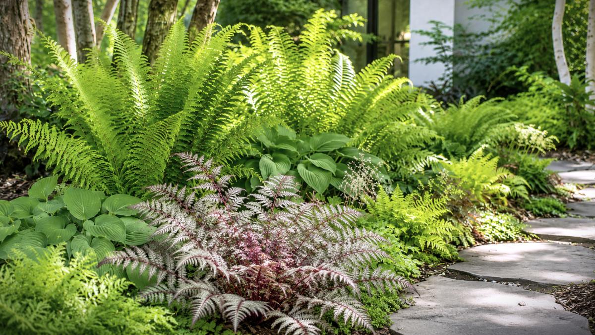 Paprade do tieňa v modernom tienistom záhone s Athyrium niponicum 'Red Beauty', funkiami a jemnými podrastovými trvalkami.