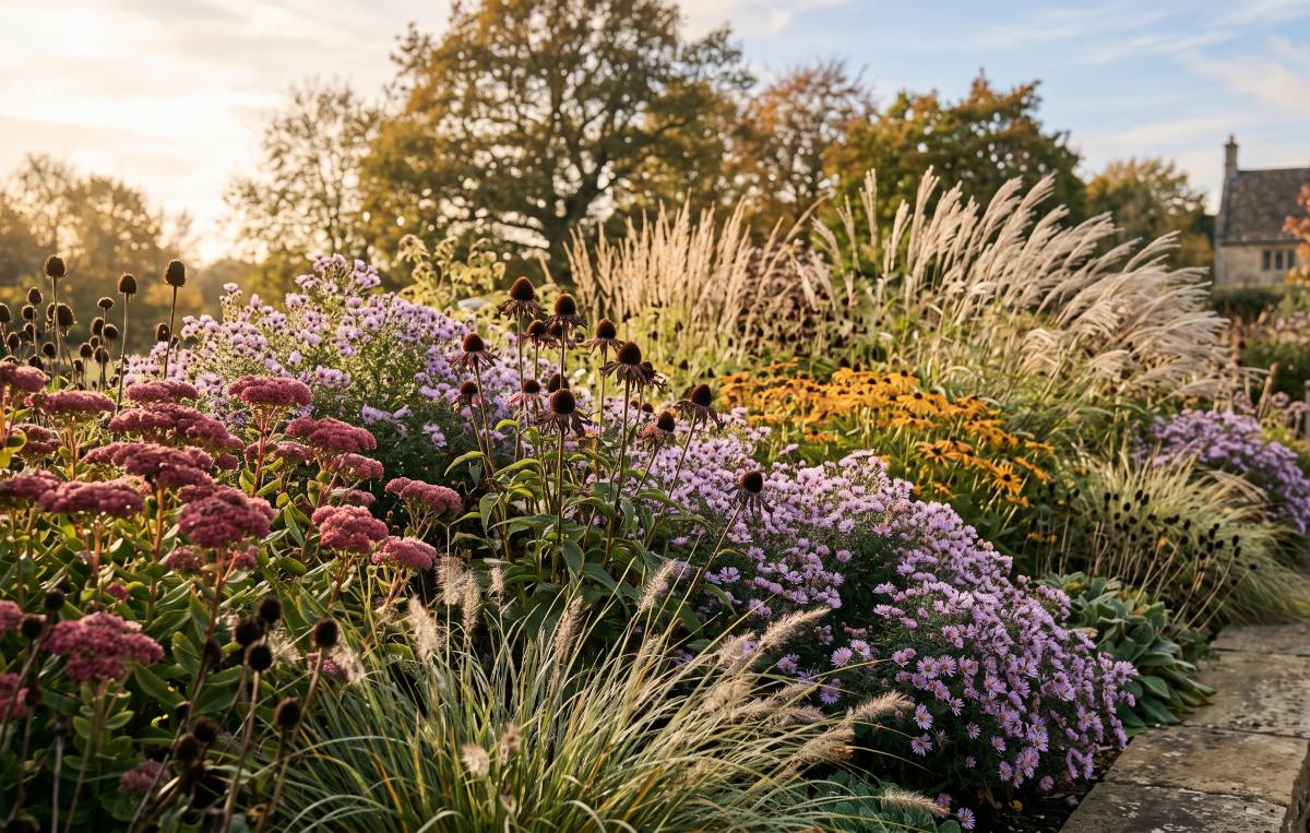 Hyperrealistická produktová a dizajnová fotografia bohatého trvalkového záhonu v modernom naturalistickom štýle počas slnečného jesenného dňa. V popredí a stredovom pláne sa prelínajú bohato kvitnúce trsy svetlofialových jesenných astier, tmavoružových rozchodníkov (Sedum) a žltých rudbekií. Medzi nimi vystupujú tmavé, štruktúrované stopky odkvitnutých echinaceí a jemné, vysoké okrasné trávy so striebristo-béžovými latami, ktoré zachytávajú teplé protisvetlo nízkeho jesenného slnka. Vpravo prechádza záhon do kamenného chodníka s drevenou lavičkou, v pozadí je mäkko rozostrená silueta vzrastlých stromov a kamenného vidieckeho sídla pod jasnou oblohou. Atmosféra pôsobí pokojne, elegantne a harmonicky.
