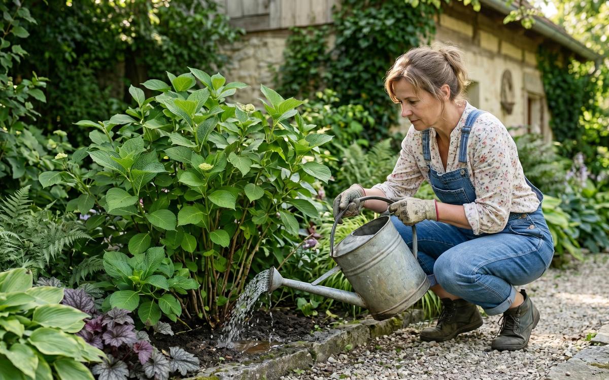 Žena v džínsových montérkach kľačí v letnej záhrade a zalieva hortenziu kovovou krhlou podmokom, pričom prúd vody smeruje priamo ku koreňom a báze rastliny.