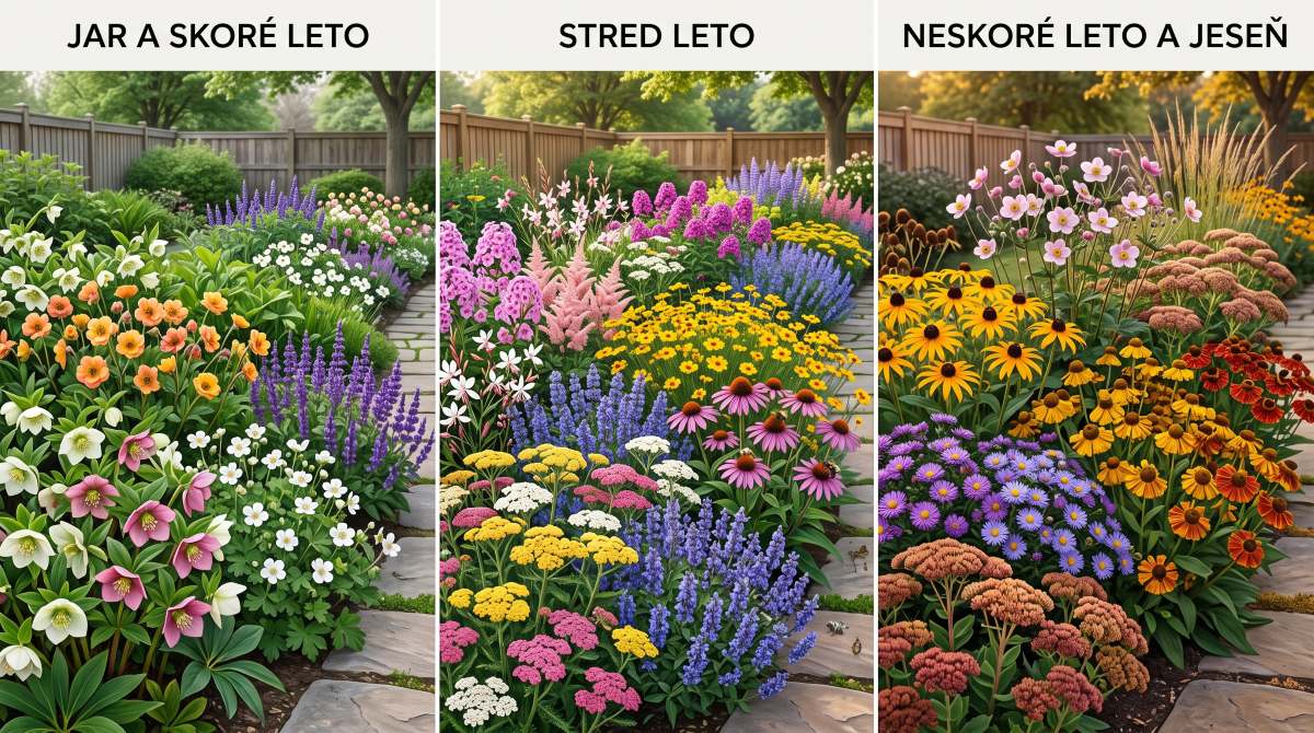 Horizontálny obrázok rozdelený na tri zvislé panely s nadpismi „JAR A SKORÉ LETO“, „STRED LETO“ a „NESKORÉ LETO A JESEŇ“, ktoré zobrazujú ten istý záhradný záhon popri kamennom chodníku v rôznych fázach kvitnutia. Ľavý panel obsahuje svieže jarné rastliny ako biele a ružové čemerice, stredný panel ukazuje bohatú záplavu pestrofarebných letných kvetov vrátane rebríčkov a echinaceí, zatiaľ čo pravý panel sa nesie v teplých žltých, oranžových a fialových tónoch typických pre jesenné astry a rudbekie.