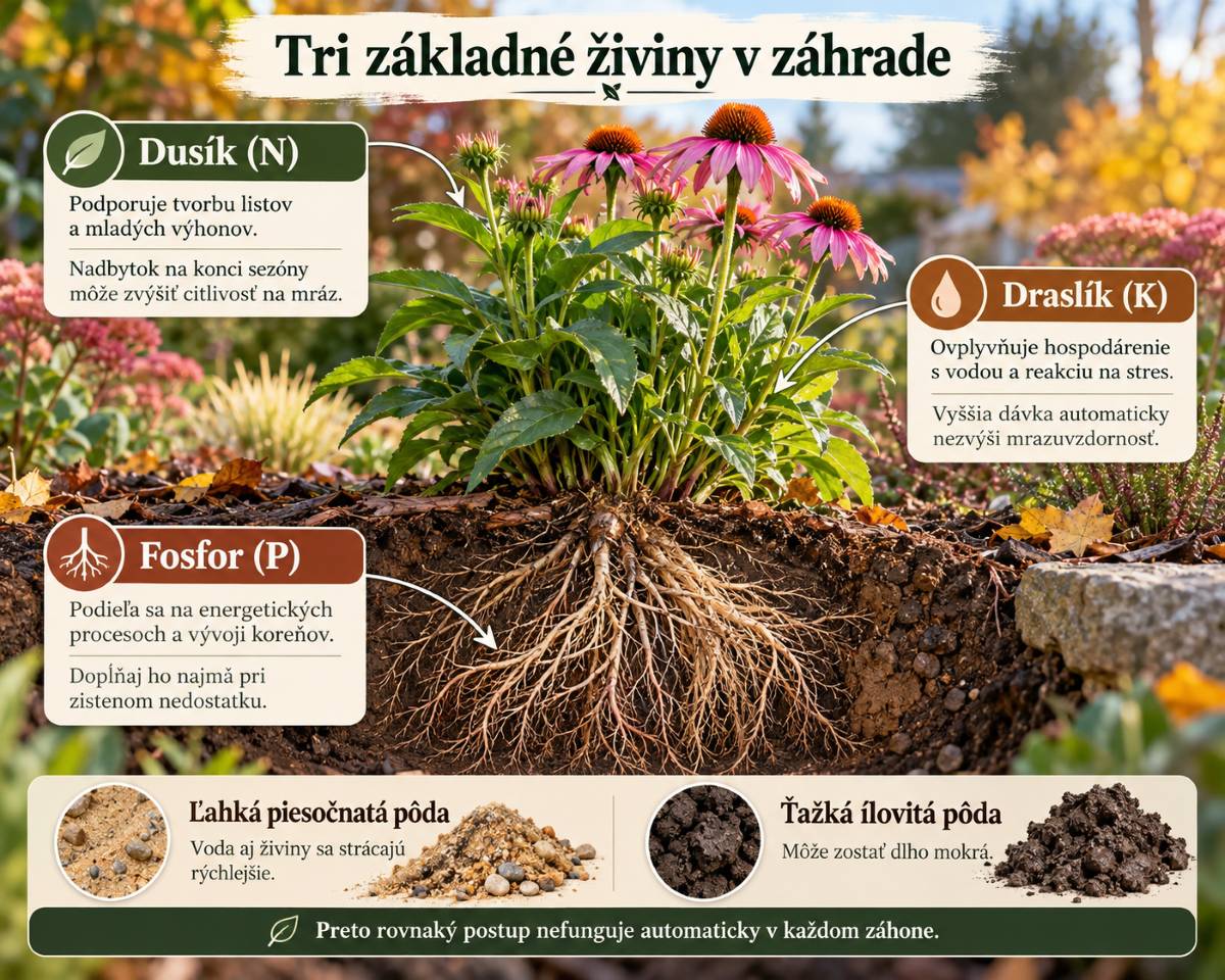 Infografika o jesennom hnojení záhrady – tri základné živiny dusík, fosfor a draslík pri rastline s koreňmi, plus porovnanie piesočnatej a ílovitej pôdy.