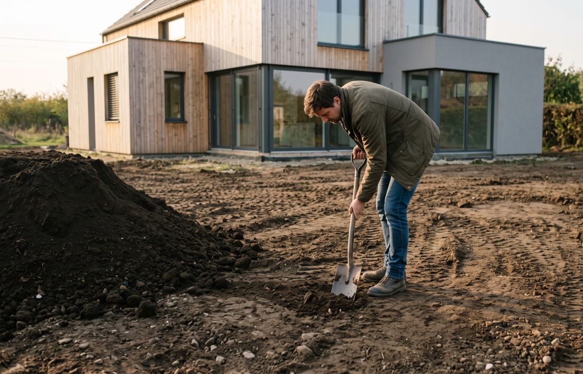 Úprava pozemku pri novostavbe a kontrola zhutnenej pôdy pred založením trvalkových záhonov.