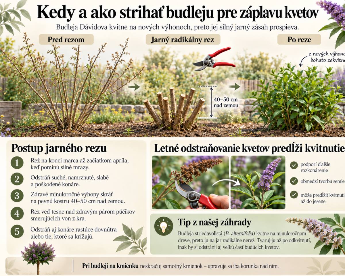 Infografika jarného rezu budleje Dávidovej s ukážkou kra pred rezom, skrátenia na 40–50 cm a následného rastu nových výhonov.