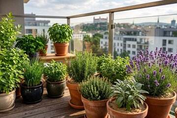 Detailný záber na slnečný mestský balkón s bohatou úrodou byliniek v terakotových a keramických kvetináčoch. V popredí sú svieža mäta, pažítka, rozmarín, šalvia a rozkvitnutá fialová levanduľa. Pozadie tvorí sklenené zábradlie a panoráma Bratislavy s hradom pod mäkkým ranným svetlom.