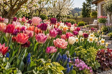 Kvitnúce tulipány v záhrade vysadené s narcismi a jarnými trvalkami.