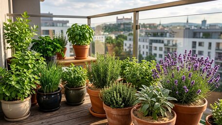 Detailný záber na slnečný mestský balkón s bohatou úrodou byliniek v terakotových a keramických kvetináčoch. V popredí sú svieža mäta, pažítka, rozmarín, šalvia a rozkvitnutá fialová levanduľa. Pozadie tvorí sklenené zábradlie a panoráma Bratislavy s hradom pod mäkkým ranným svetlom.