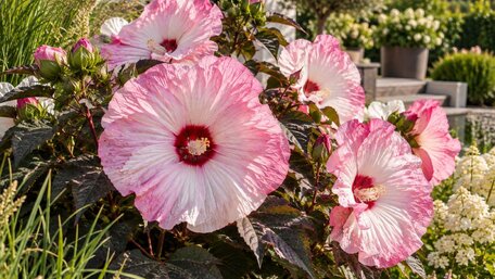 Ibištek bahenný Hibiscus 'Carousel Pink Candy' s veľkými ružovo-bielymi kvetmi a tmavým olistením v letnom záhone.