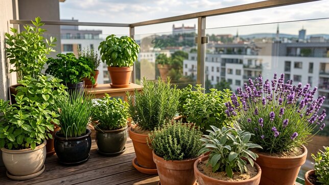 Detailný záber na slnečný mestský balkón s bohatou úrodou byliniek v terakotových a keramických kvetináčoch. V popredí sú svieža mäta, pažítka, rozmarín, šalvia a rozkvitnutá fialová levanduľa. Pozadie tvorí sklenené zábradlie a panoráma Bratislavy s hradom pod mäkkým ranným svetlom.