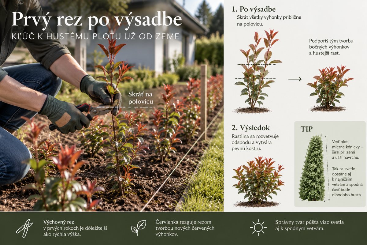 Prvý výchovný rez červienky po výsadbe na hustý živý plot