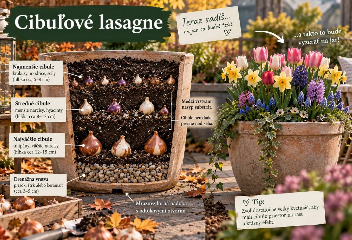 Cibuľové lasagne v kvetináči – vrstvená výsadba tulipánov, narcisov, hyacintov a drobných jarných cibuľovín.