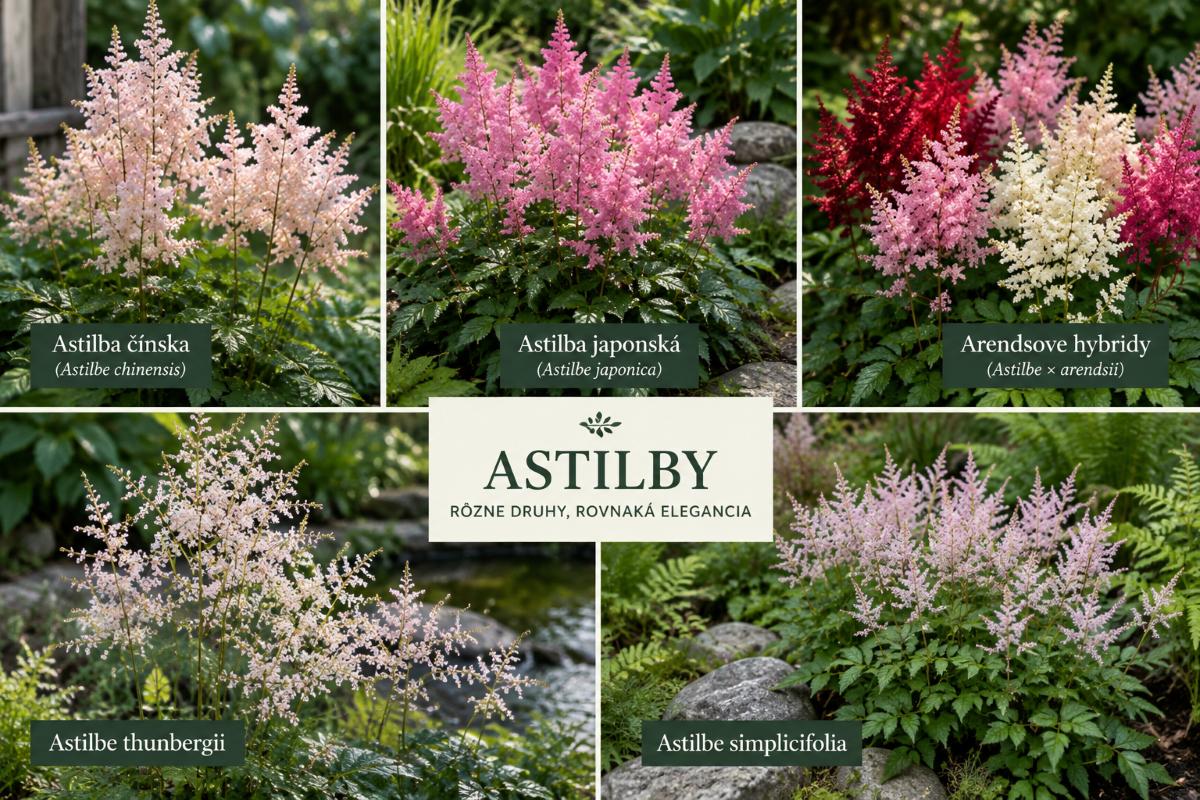 Druhy astilby – Astilbe chinensis, Astilbe japonica, Arendsove hybridy, Astilbe thunbergii a Astilbe simplicifolia