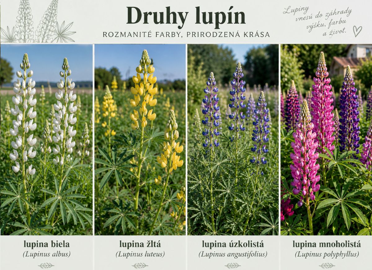 Druhy lupín – lupina biela, lupina žltá, lupina úzkolistá a lupina mnoholistá