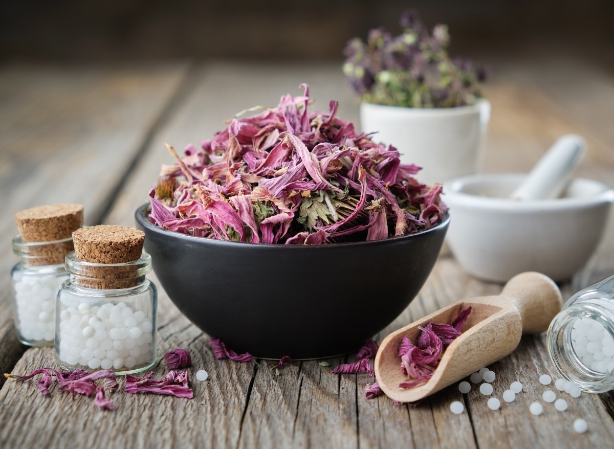 Sušená bylinka echinacea v miske na prípravu čajových zmesí