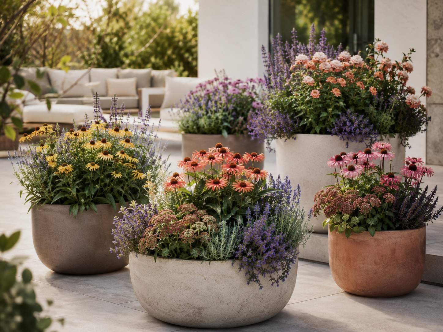 Echinacea a ostatné suchomilné trvalky v črepníkoch na terase
