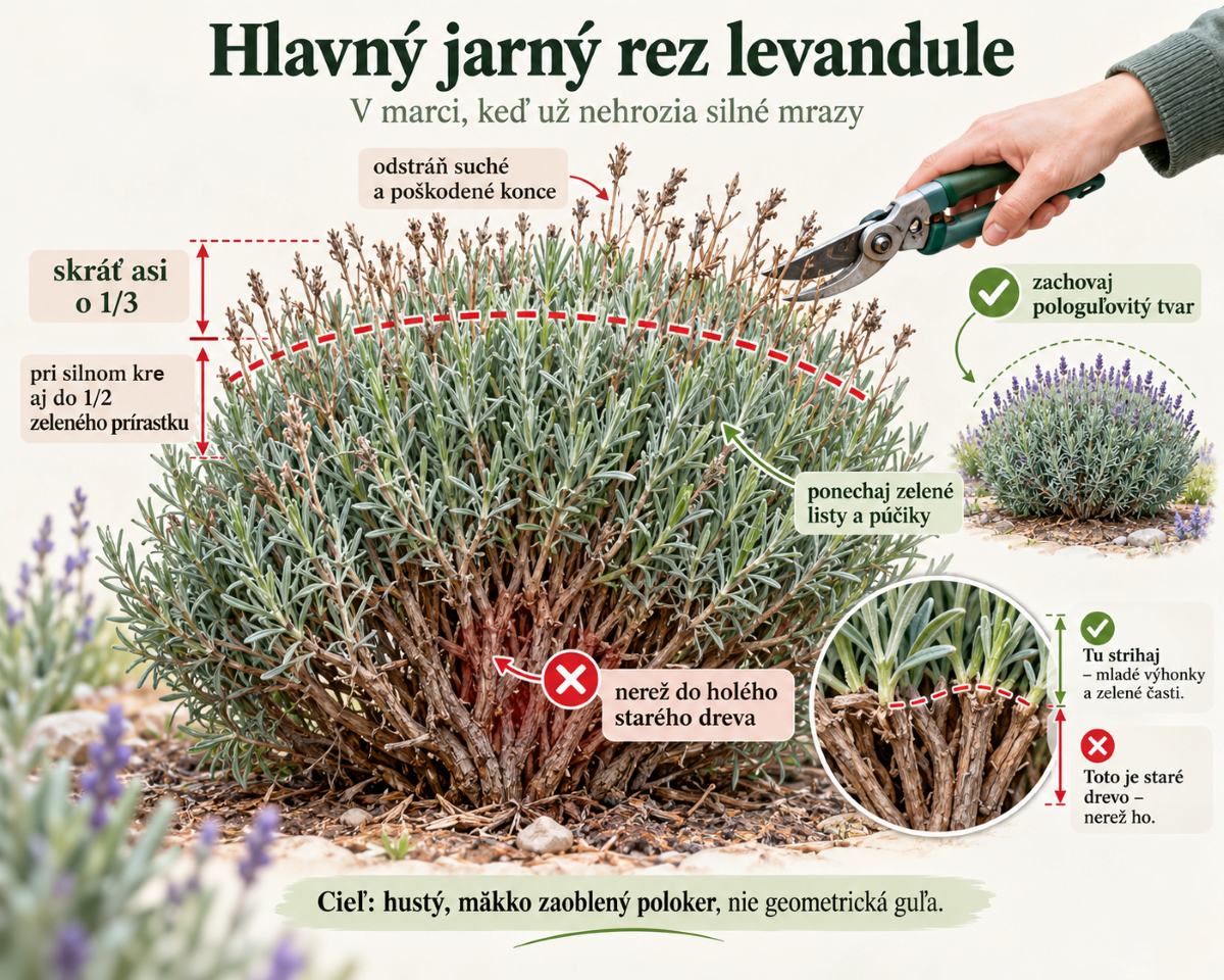 Názorná grafika jarného rezu levandule ukazuje, kde skrátiť ker asi o tretinu, ako zachovať pologuľovitý tvar, ponechať zelené výhonky a púčiky a nezasahovať do holého starého dreva.