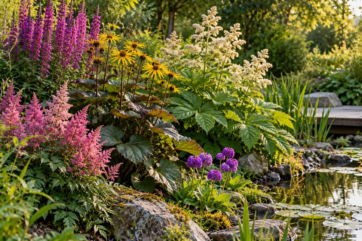 Hygrofyty a vlhkomilné trvalky pri jazierku – vrbica vŕbolistá (Lythrum salicaria), jazyčník veľkoúborový (Ligularia dentata), rodgerzia (Rodgersia aesculifolia), astilba (Astilbe japonica) a prvosienka zúbkatá (Primula denticulata).
