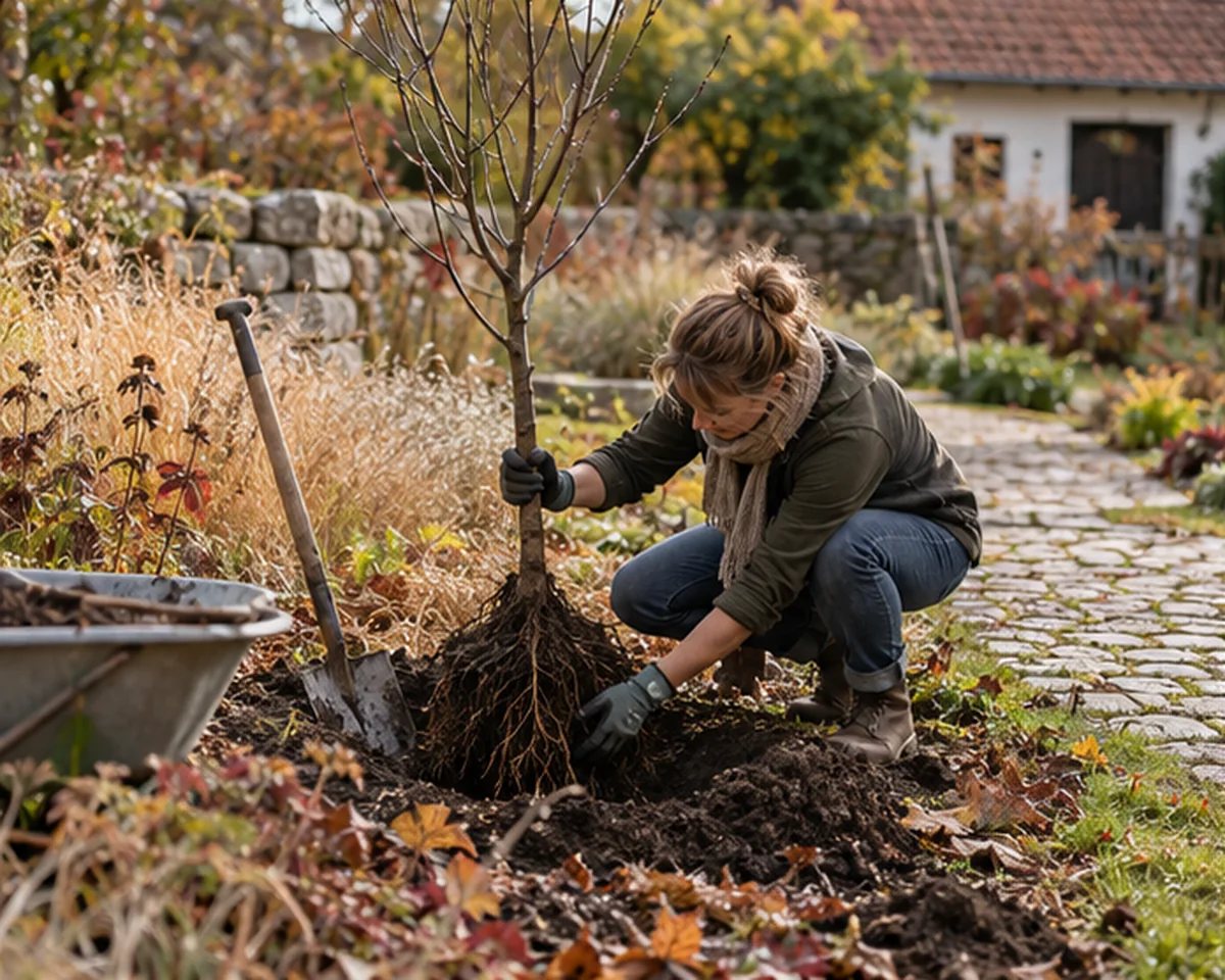 Záhradníčka vysádza mladý voľnokorenný hrab obyčajný (Carpinus betulus) do pripravenej výsadbovej jamy v jesennej záhrade.