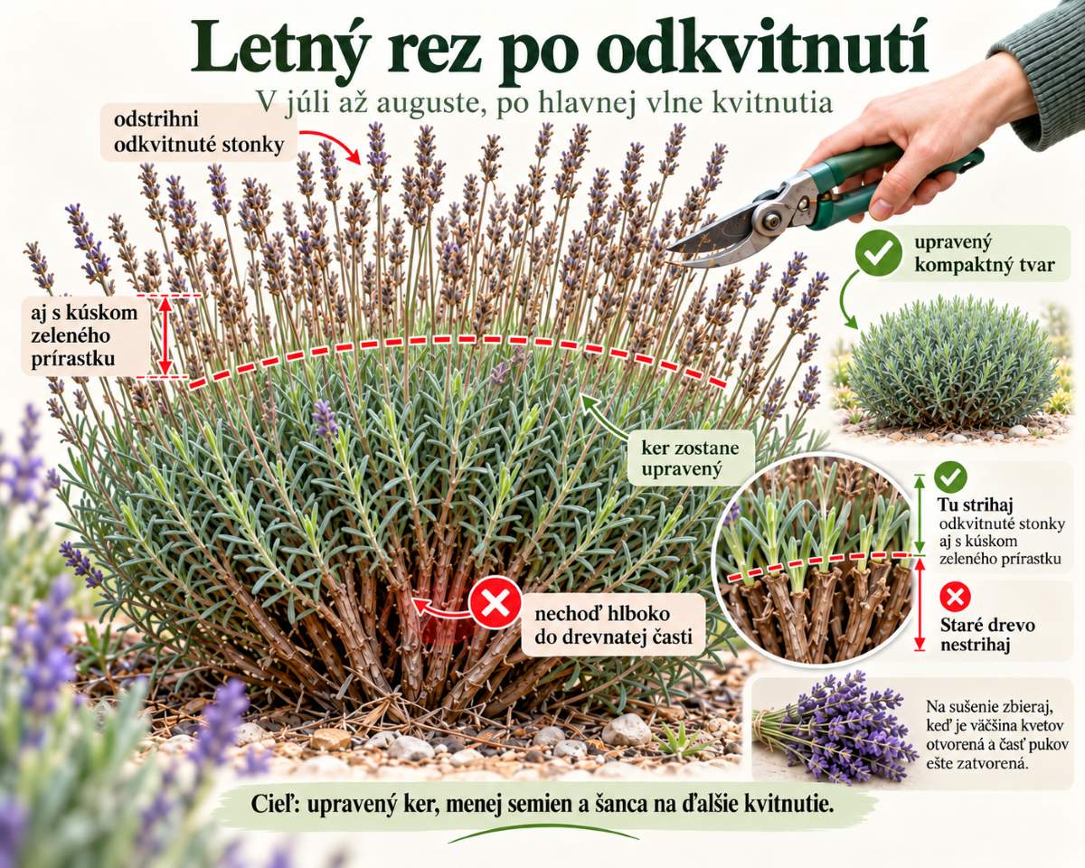 Názorná grafika letného rezu levandule po odkvitnutí ukazuje odstránenie dlhých odkvitnutých stoniek s kúskom zeleného prírastku, správnu výšku rezu, ochranu starého dreva a kompaktný tvar kra po zostrihaní.