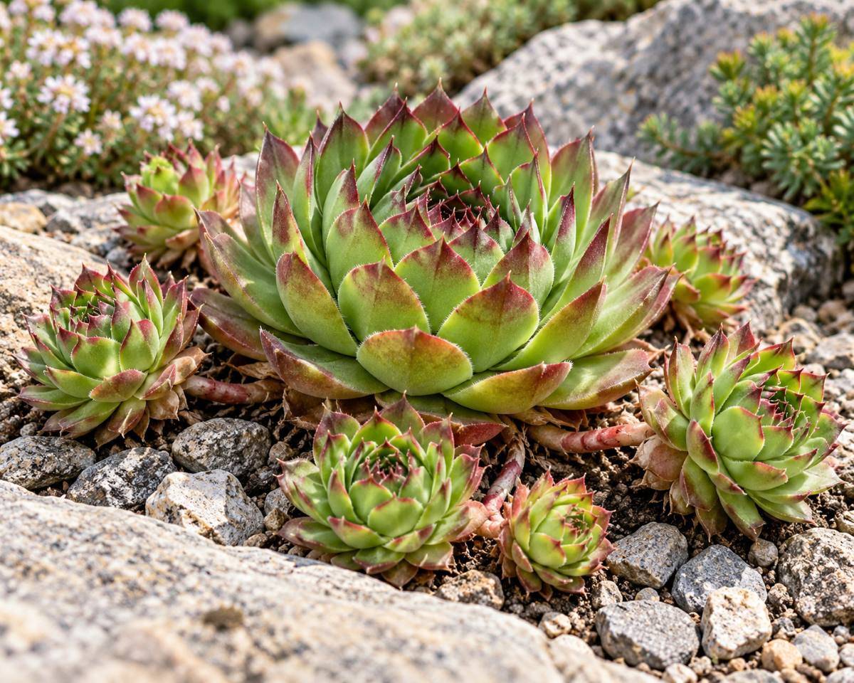Odnož rastliny na skalnici (Sempervivum) – materská ružica s dcérskymi ružicami vyrastajúcimi na krátkych výbežkoch.
