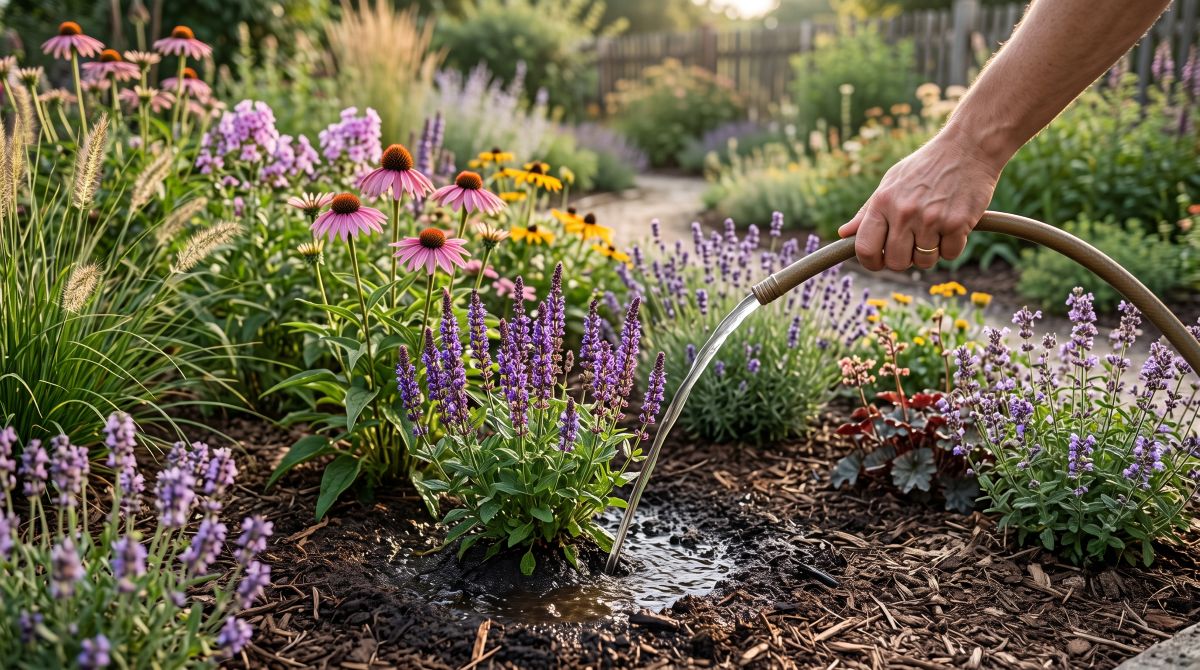 Detailná fotografia ľudskej ruky držiacej záhradnú hadicu, z ktorej prúdi čistá voda na tmavú pôdu s mulčom okolo fialových a ružových kvetov šalvie a echinacey. V pozadí je rozostrená bohato vysadená letná záhrada s dreveným plotom a slnečným svetlom.