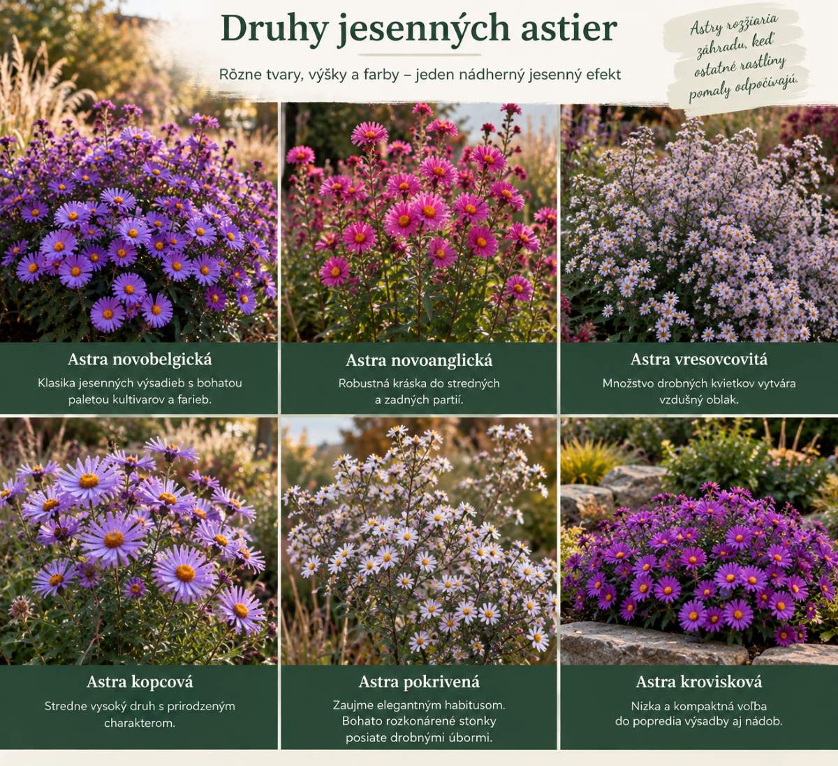 Druhy jesenných astier – astra novobelgická, novoanglická, vresovcovitá, kopcová, pokrivená a krovisková
