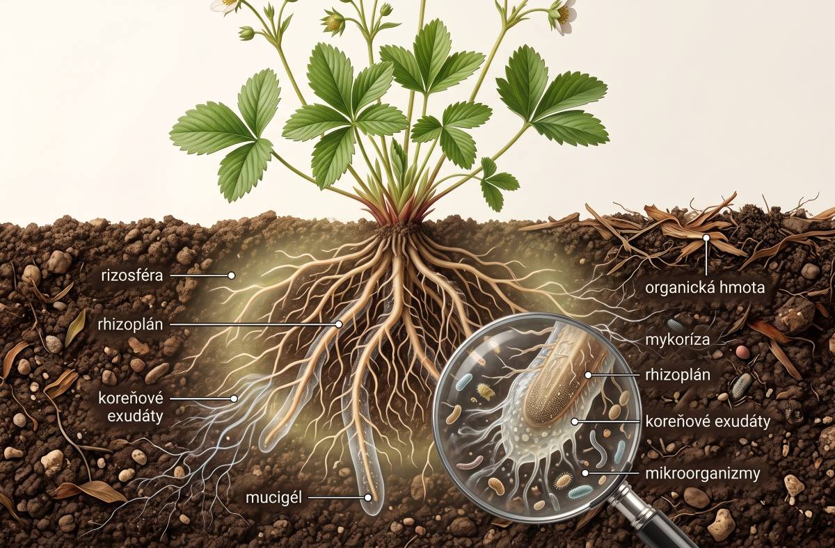 rizosféra, Vedecký botanický diagram priečneho rezu pôdou s rastlinou jahody na povrchu a jej koreňovým systémom pod zemou