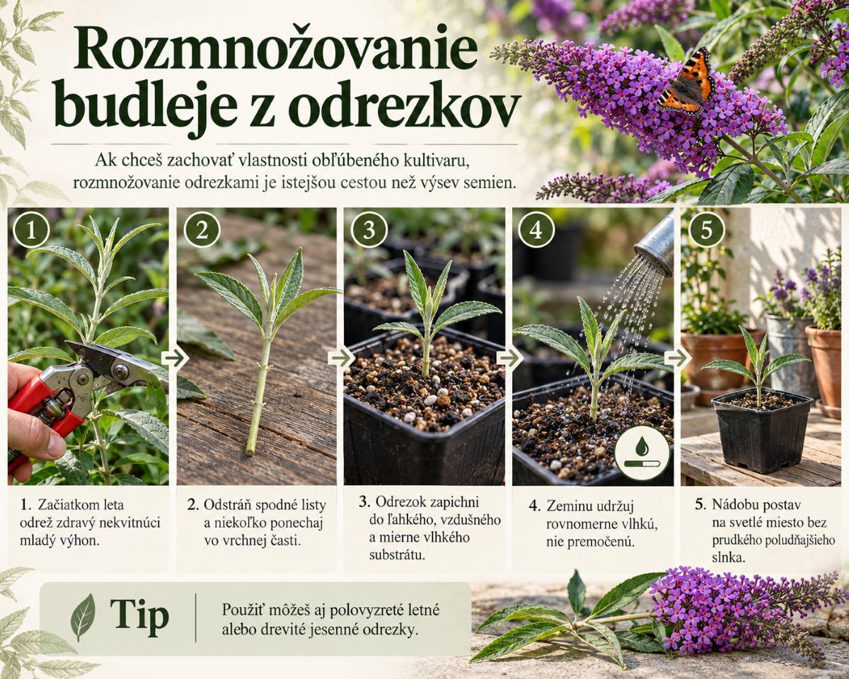 Infografika rozmnožovania budleje z odrezkov s postupom od odrezania mladého výhonu cez zakorenenie až po pestovanie v nádobe.