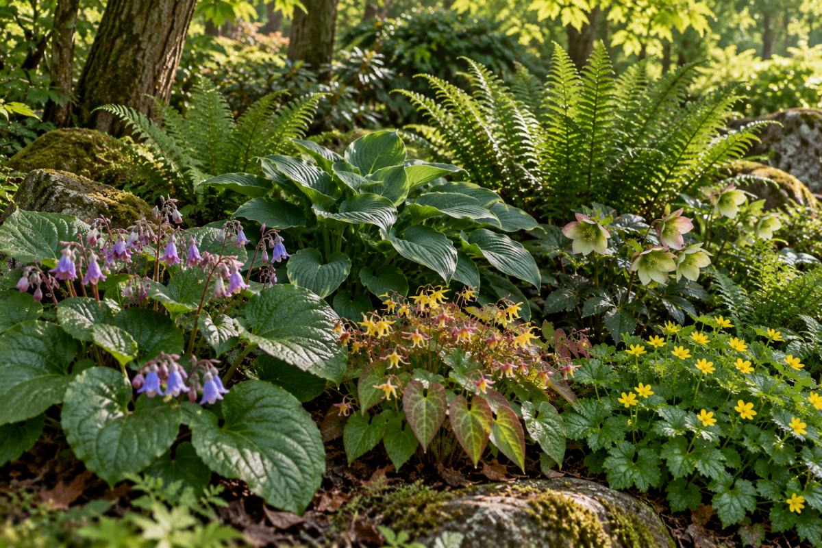 ciofyty a tienomilné trvalky v hlbokom tieni – trachystemon východný (Trachystemon orientalis), krpčiarka (Epimedium), valdštejnka (Waldsteinia ternata), funkia (Hosta), čemerica (Helleborus) a paprade v lesnom záhone.