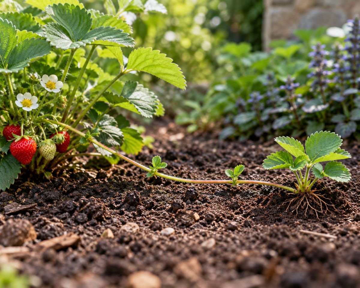 Stolón jahody obyčajnej (Fragaria vesca) spájajúci materskú a dcérsku rastlinu – príklad poplazu a vegetatívneho rozmnožovania rastlín.