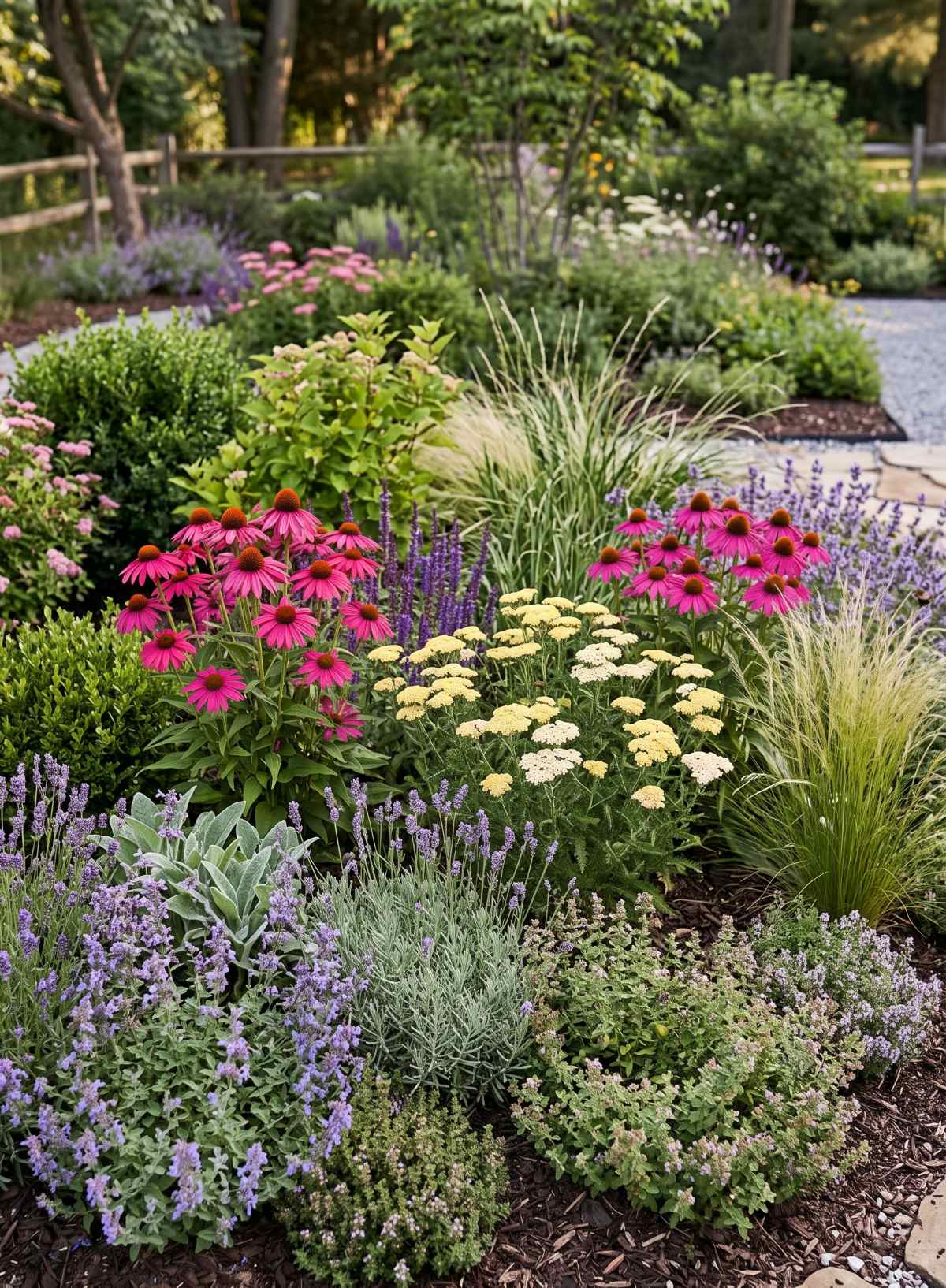 Detailný záber na bujne zarastený trvalkový záhon v letnej záhrade. V popredí dominujú fialové, ružové a žlté kvety, ako echinacea, šalvia a rebríček. V pozadí je vidieť drevený plot a stromy, čo vytvára útulnú vidiecku atmosféru. Záhon je mulčovaný drevnou štiepkou a lemovaný kamenným chodníkom.