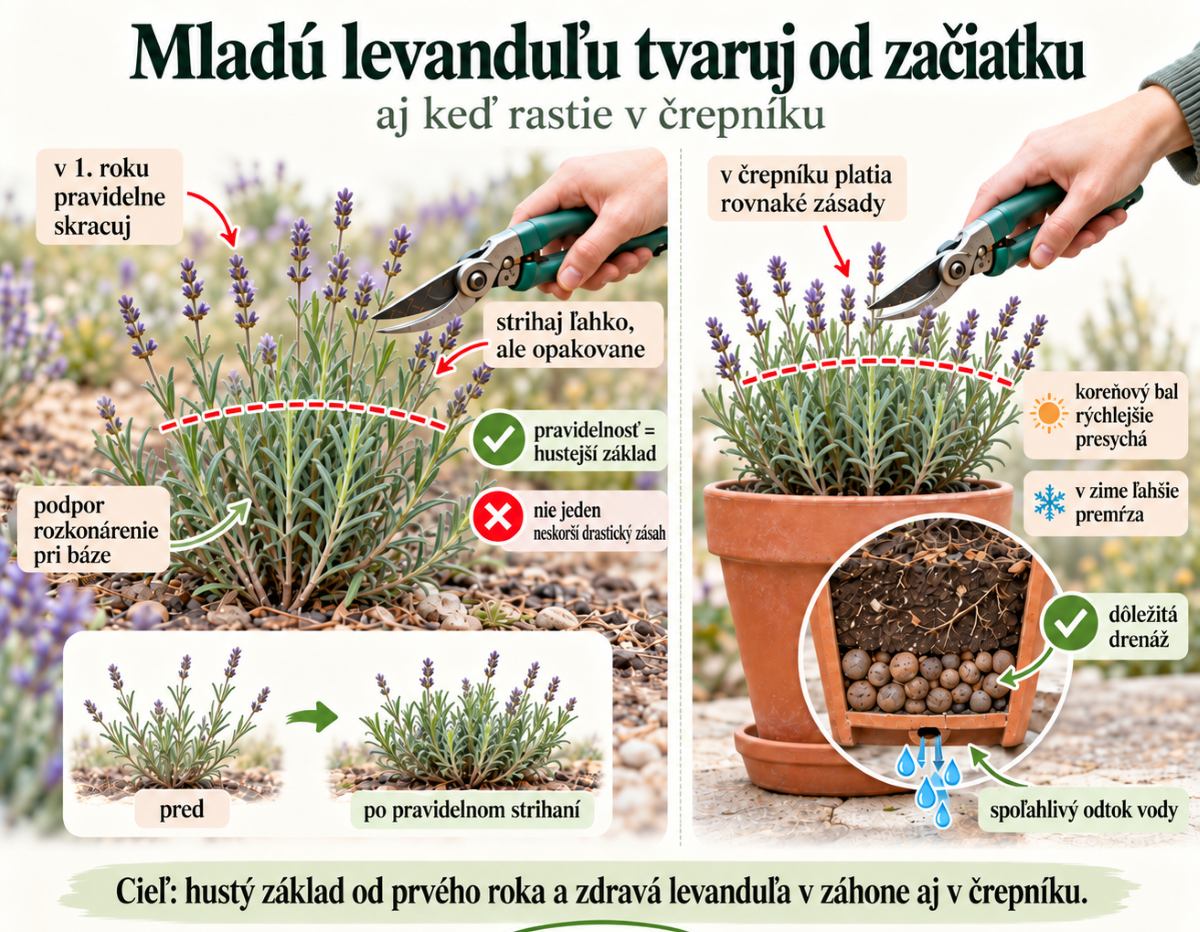 Názorná infografika ukazuje výchovné tvarovanie mladej levandule v záhone aj v črepníku, s rezom približne v polovici rastliny, podporou rozkonárenia pri báze a detailom správnej drenáže v kvetináči.