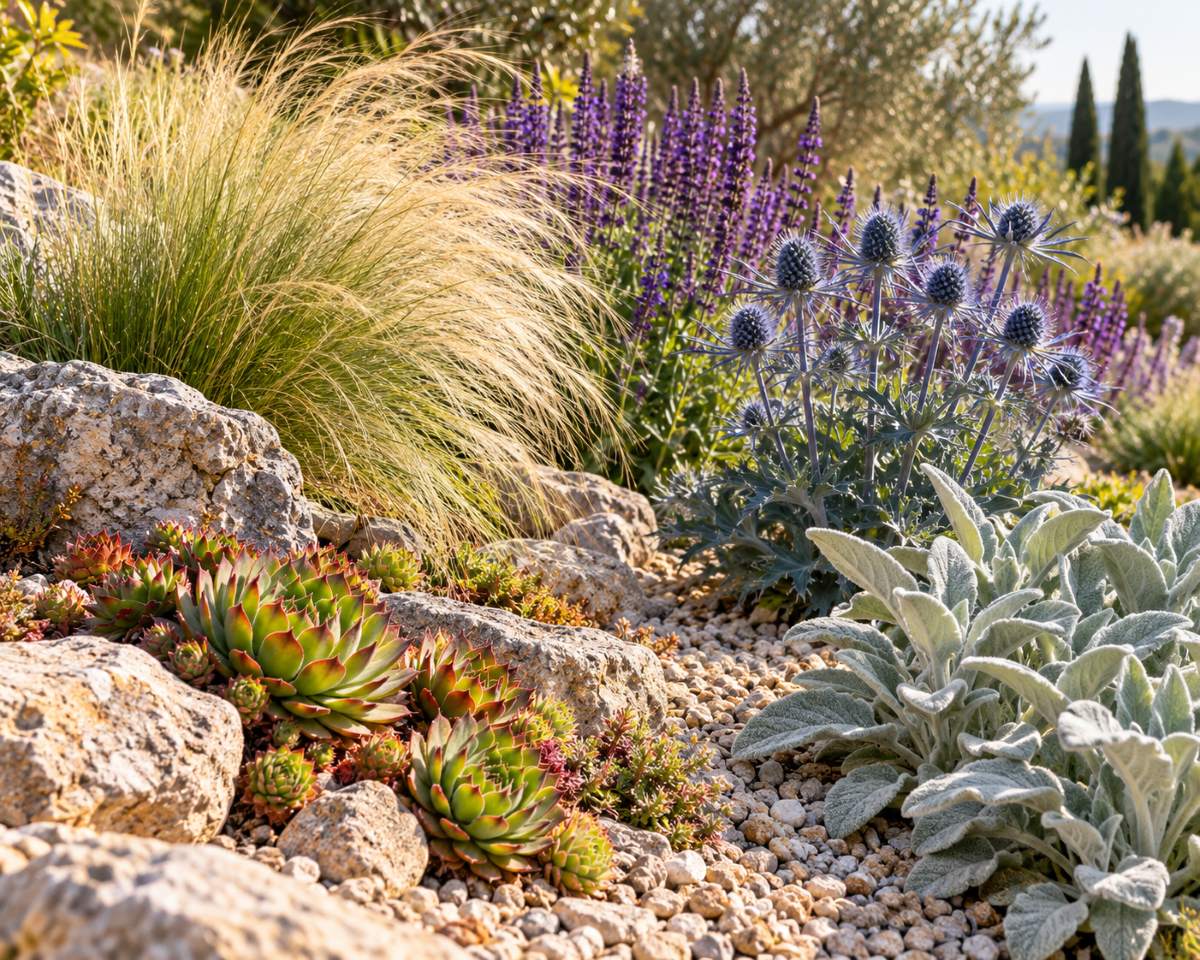 Xerofyty a suchomilné rastliny v slnečnom štrkovom záhone – kotúč plocholistý (Eryngium planum), čistec vlnatý (Stachys byzantina), skalnice (Sempervivum), šalvia hájna (Salvia nemorosa) a kavyľ (Stipa tenuissima).